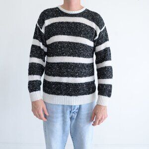 Vintage Boundary Waters Black White Stripe Knit Pattern Sweater Outdoor Cabin L